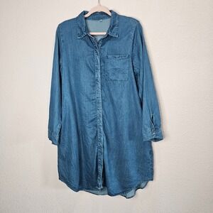 Blue‎ Chambray Denim Shirt Dress Size Large Long Sleeve Knee Length Button Up